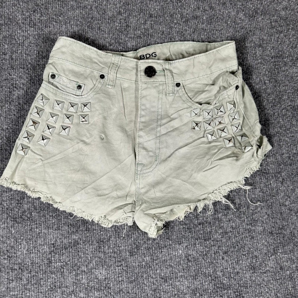 BDG Denim Shorts Womens Size 24 Green Studded High Rise Dree Cheeky Raw Hem Punk